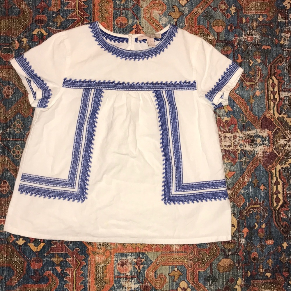 White and Navy Embroidered Linen Shirt